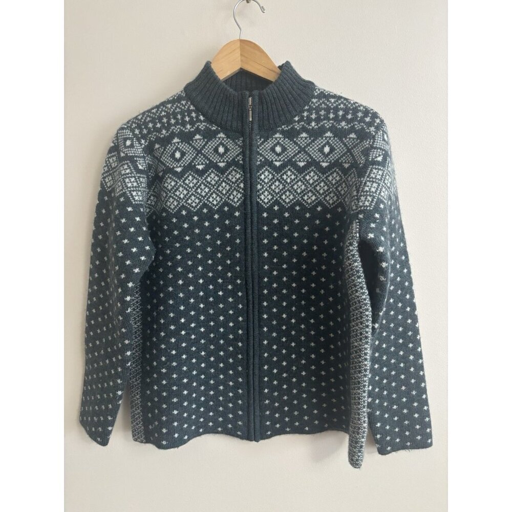 Lands End Sweater Womens Small Full Zip Cardigan Fair Isle VTG Green Nordic Wool